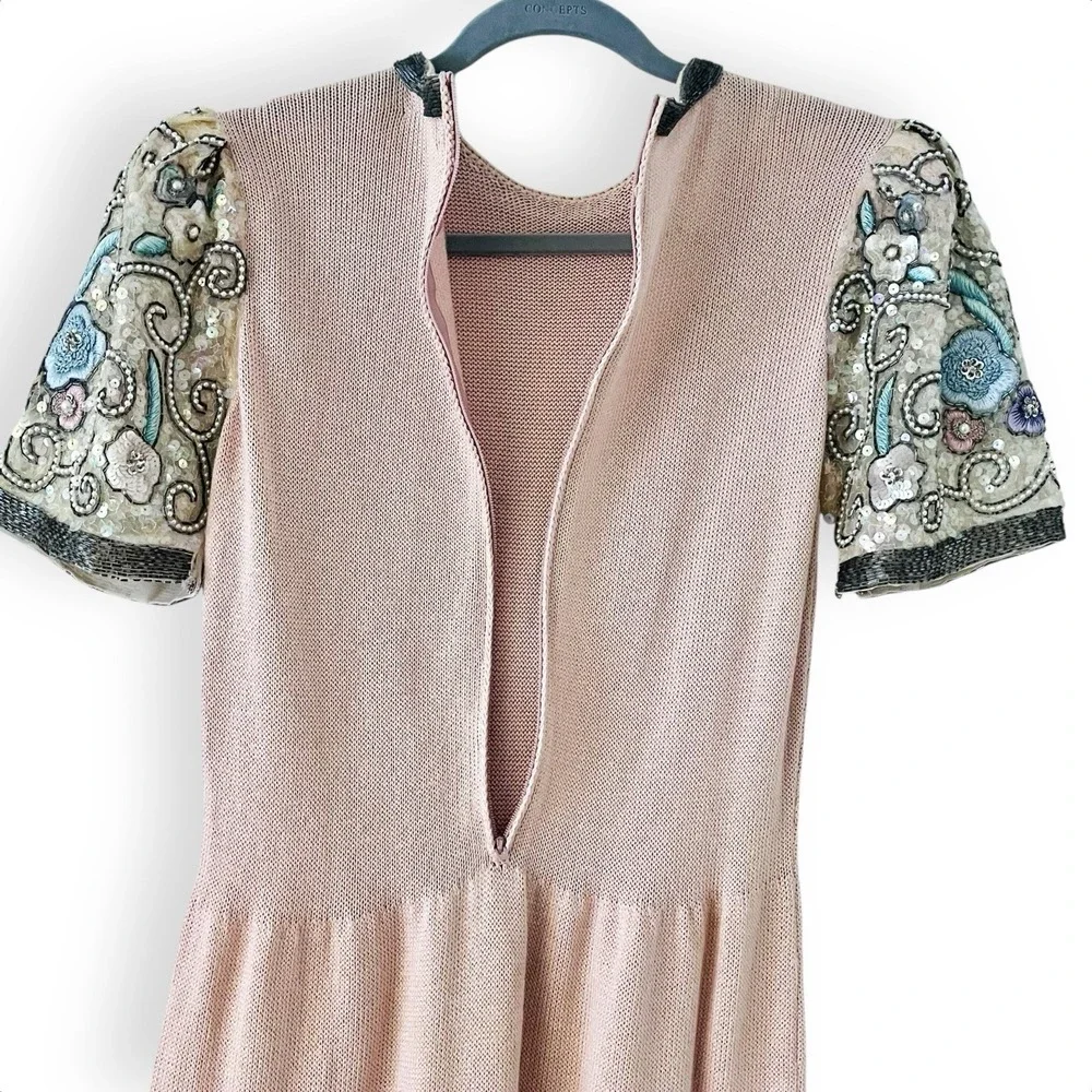 Vintage Don‎ Sayres Wellmore Sweater Dress Small Pink Sequin Beaded Floral